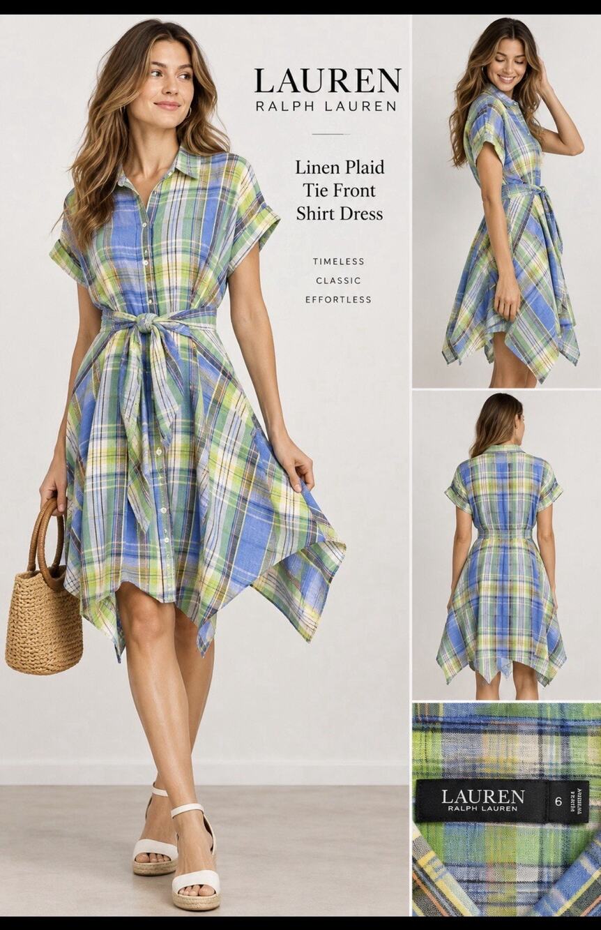 Lauren Ralph Lauren Dress Women’s 6 Linen Plaid Tie Front Shirt Dress Preppy